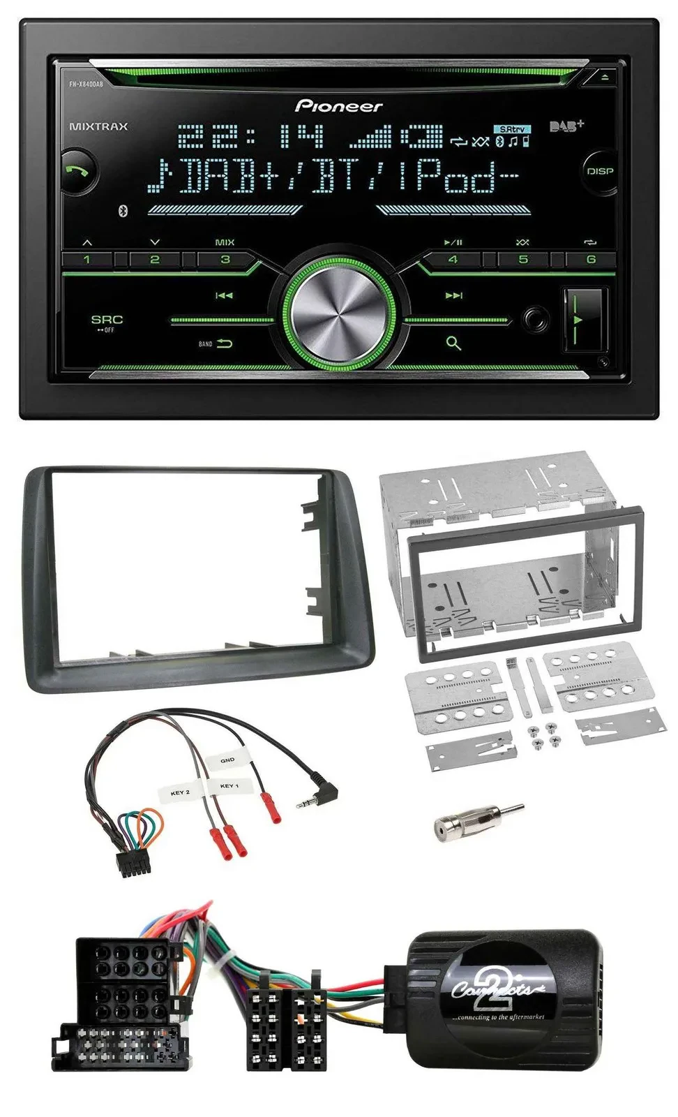 Pioneer Bluetooth Lenkrad DAB 2DIN USB CD Autoradio für Fiat Panda 2004-2007 gra
