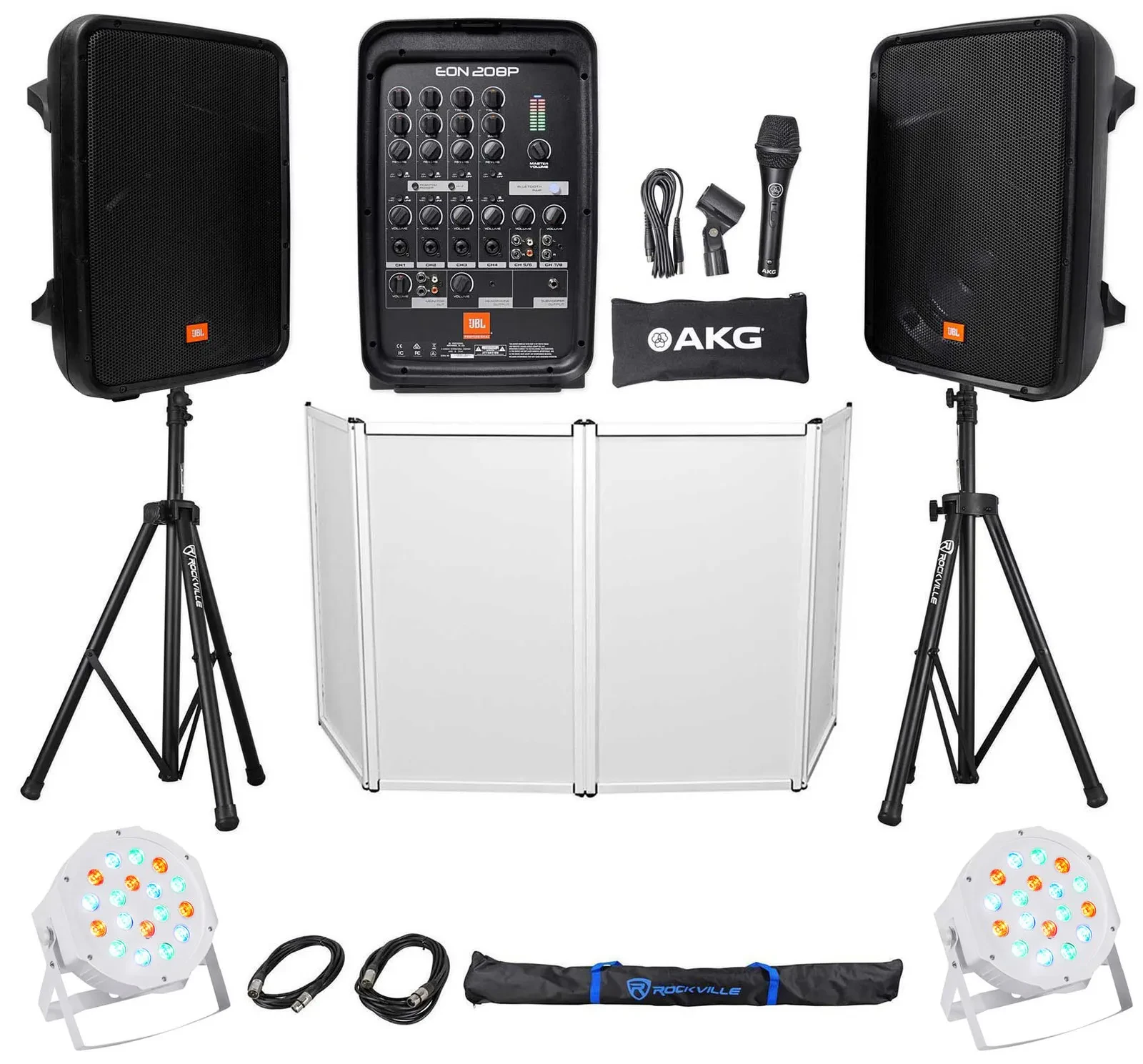 JBL EON208P 8" Portable Bluetooth Speaker System+Mixer+Stands+Facade+Par Lights