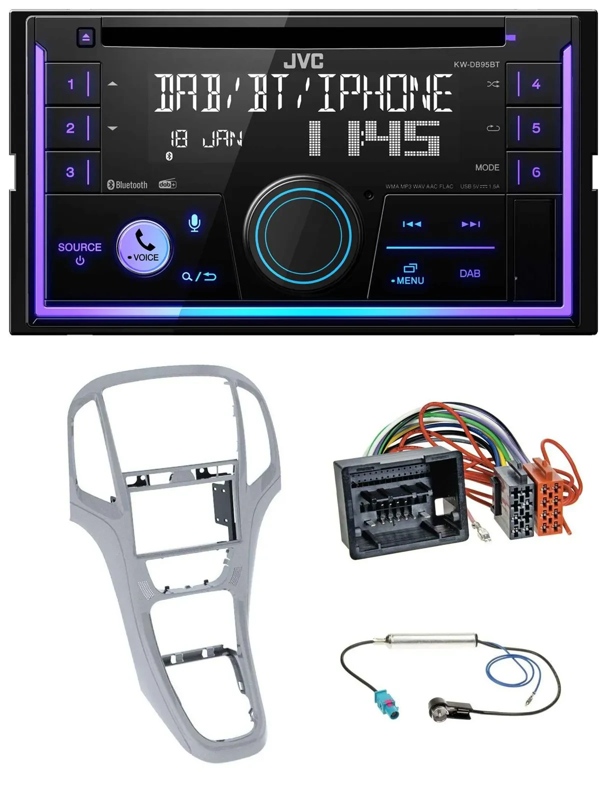 Автомагнитола для Opel Astra J (с 2009) JVC 2-DIN DAB Bluetooth CD MP3 USB платиново-серебристая