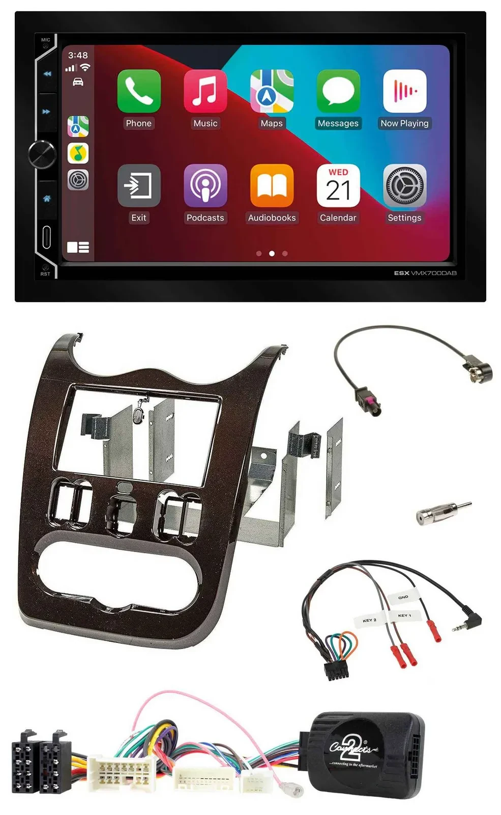 ESX 2DIN DAB USB Lenkrad Bluetooth Autoradio für Dacia ab 12 dunkelbraun