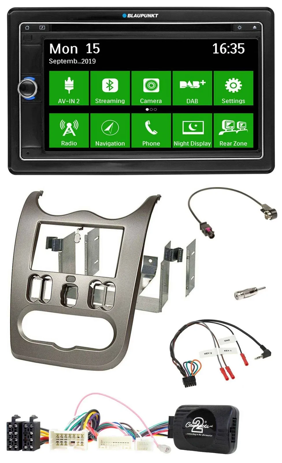 Автомагнитола Blaupunkt 2DIN, Bluetooth, DAB, USB, TMC, для Dacia (с 2012), поддержка управления с руля, тёмная