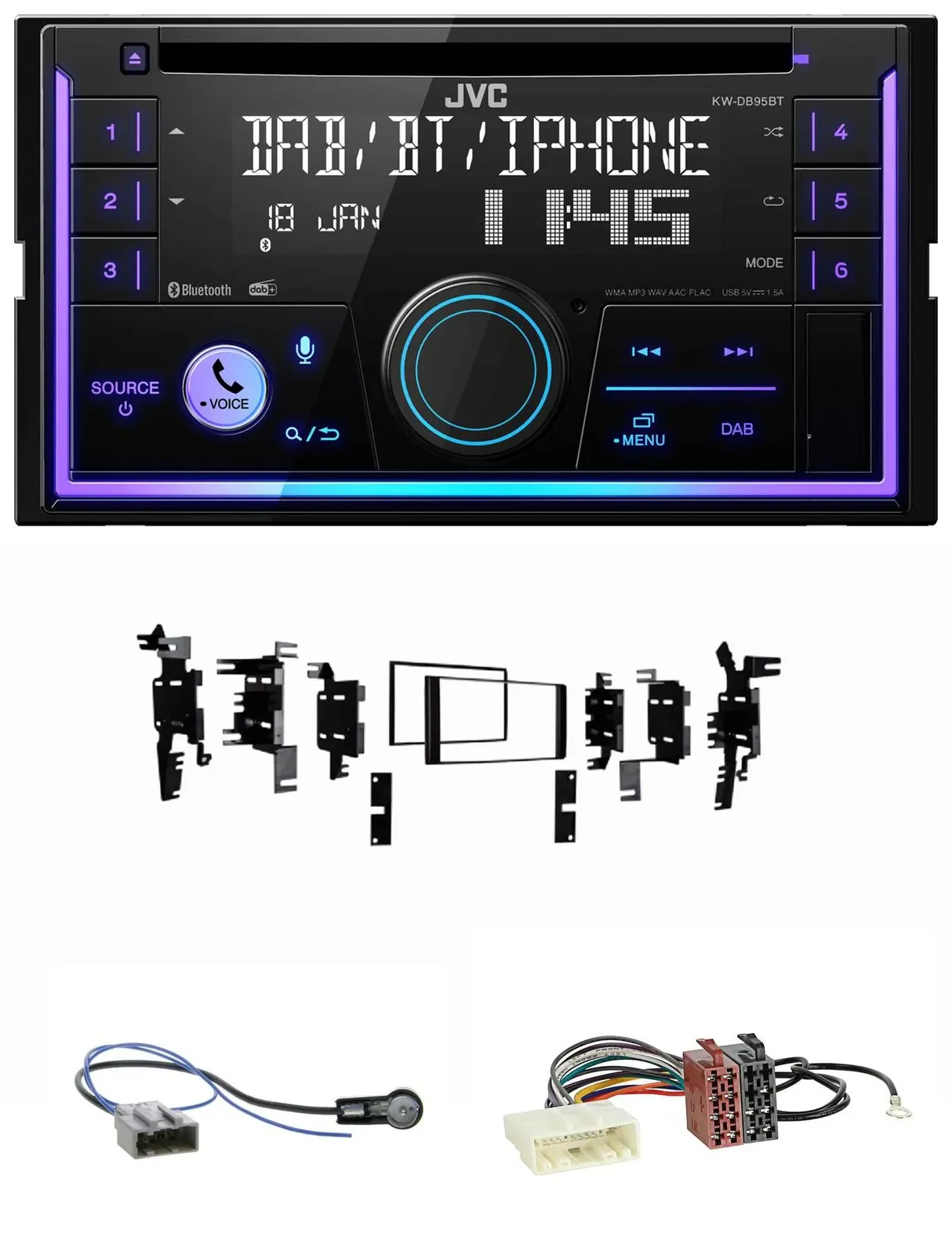 Автомагнитола для Nissan Micra 2013–2017 JVC 2-DIN, DAB, Bluetooth, CD, USB, черная