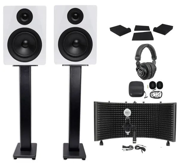 2 Rockville DPM5W 5.25" 300w Active Studio Monitors+Stands+Headphones+Mic+Shield