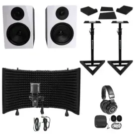 2) Rockville APM6W 6.5" Active Studio Monitors+Stands+Mic+Headphones+Iso Shield