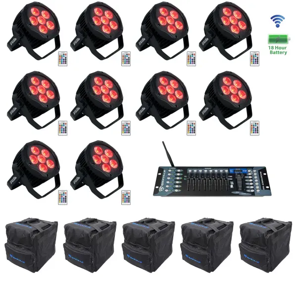 (10) Rockville BEST PAR H2O Water Resistant Lights+Bags+Wireless DMX Controller