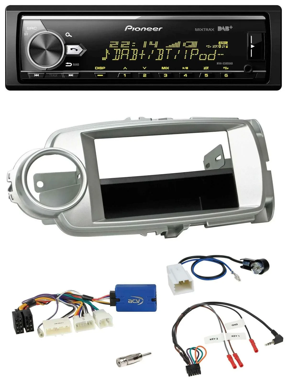 Автомагнитола Pioneer Bluetooth, USB, DAB, поддержка кнопок на руле для Toyota Yaris 2011–2014, серебристая