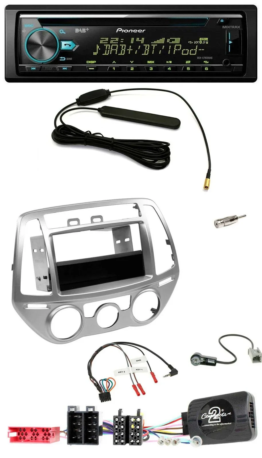 Автомагнитола Pioneer CD/MP3/DAB/USB для Hyundai i20 (2012–2014), серебристая, с управлением на руле