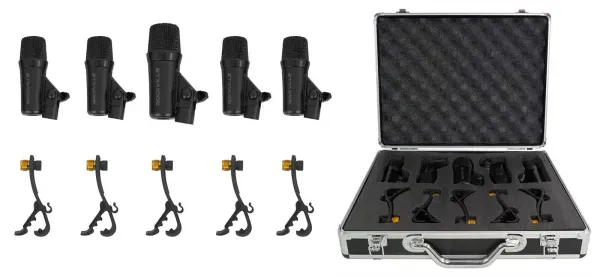 Rockville PRO-D5 KIT 5 Piece Drum Mic Kit w/ Metal Bass+Snare Microphones+Clips