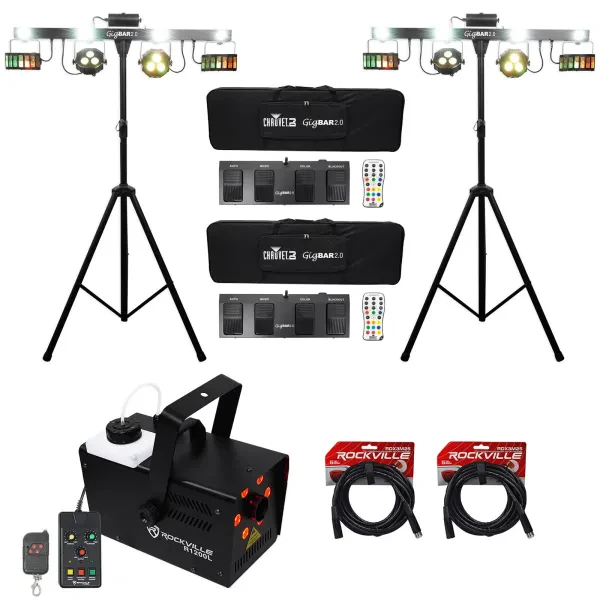 (2) Chauvet GigBar 2.0 DMX LED 4-In-1 Light FX Bars w/Stands+Fogger+DMX Cables
