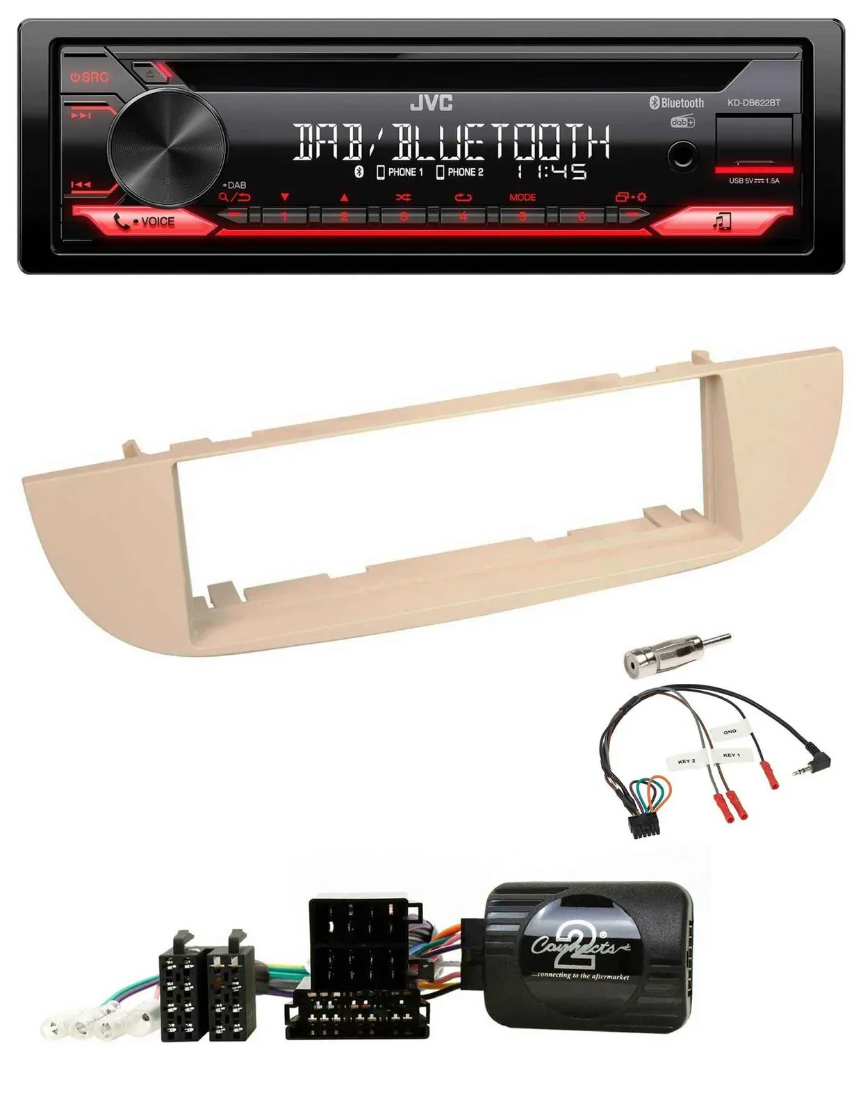 JVC CD DAB USB Bluetooth Lenkrad Autoradio für Fiat 500 ab 2007 perlgrau beige