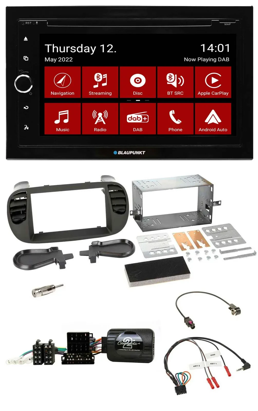 Blaupunkt 2DIN Lenkrad Bluetooth USB TMC DAB Navigation für Fiat 500 08-15 soft