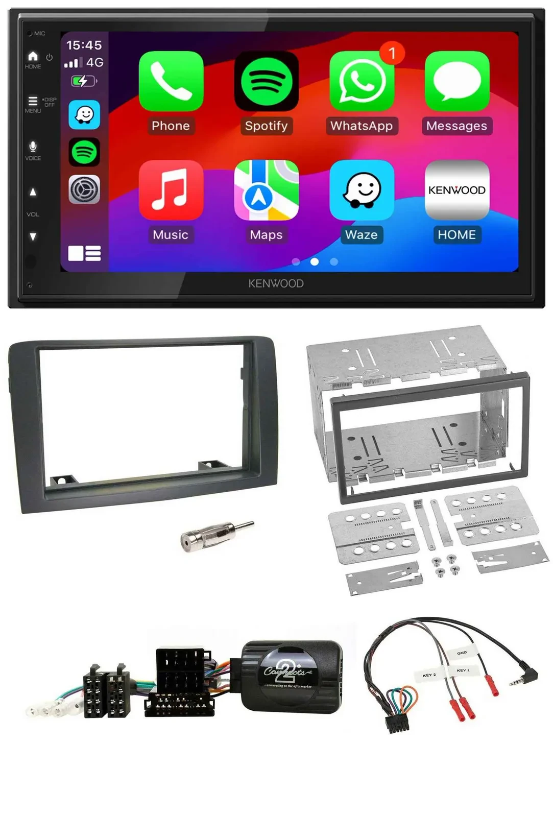 Kenwood Lenkrad USB DAB 2DIN Bluetooth Autoradio für Fiat Idea 2006-2012 grau