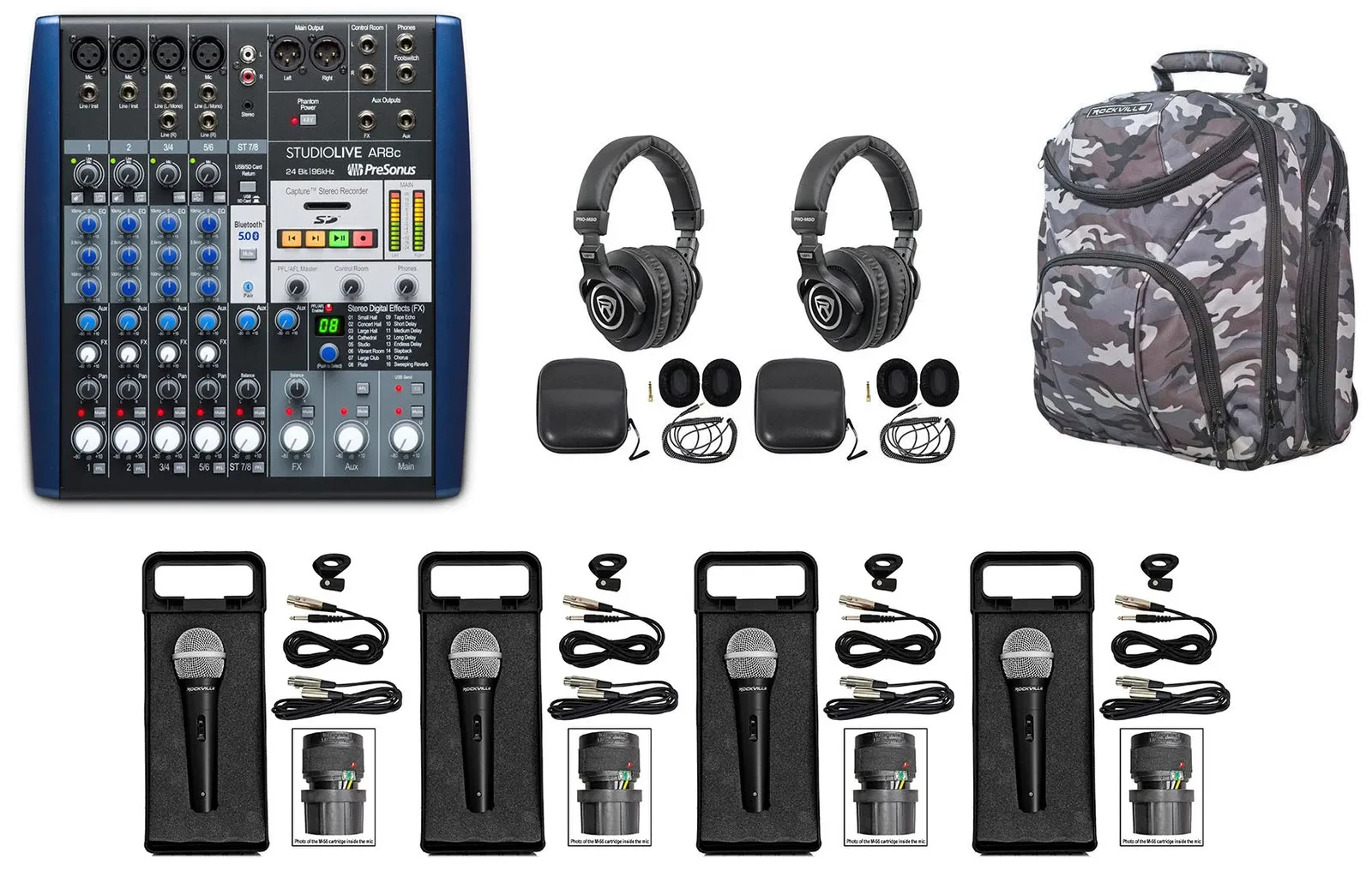 PRESONUS StudioLive AR8 8-Ch Live Sound/Studio Mixer+CAMOPACK+Headphones+Mics