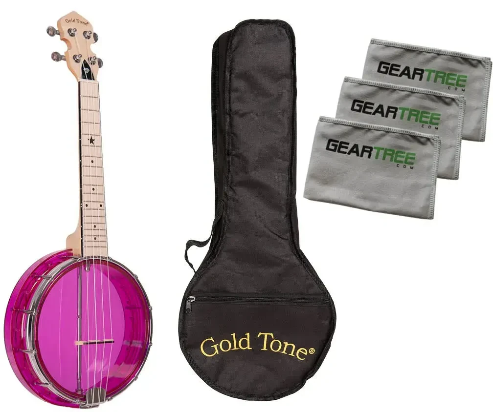Gold Tone Little Gem Amethyst Clear Banjo Ukulele Bundle w/Bag & Cloth