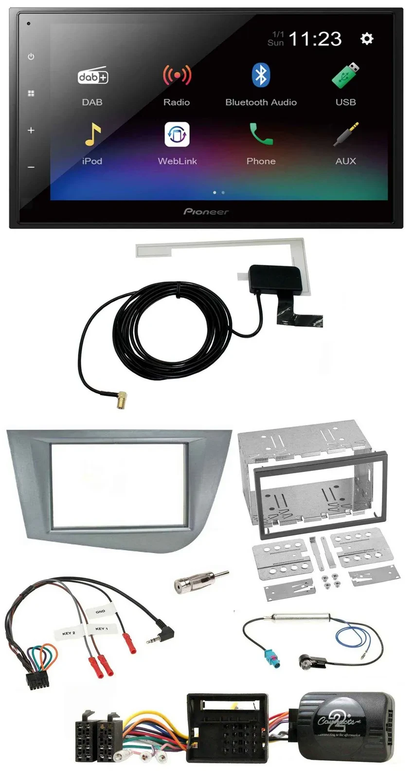 Pioneer DAB Lenkrad Bluetooth 2DIN USB Autoradio für Seat Leon 2005-2012 silber