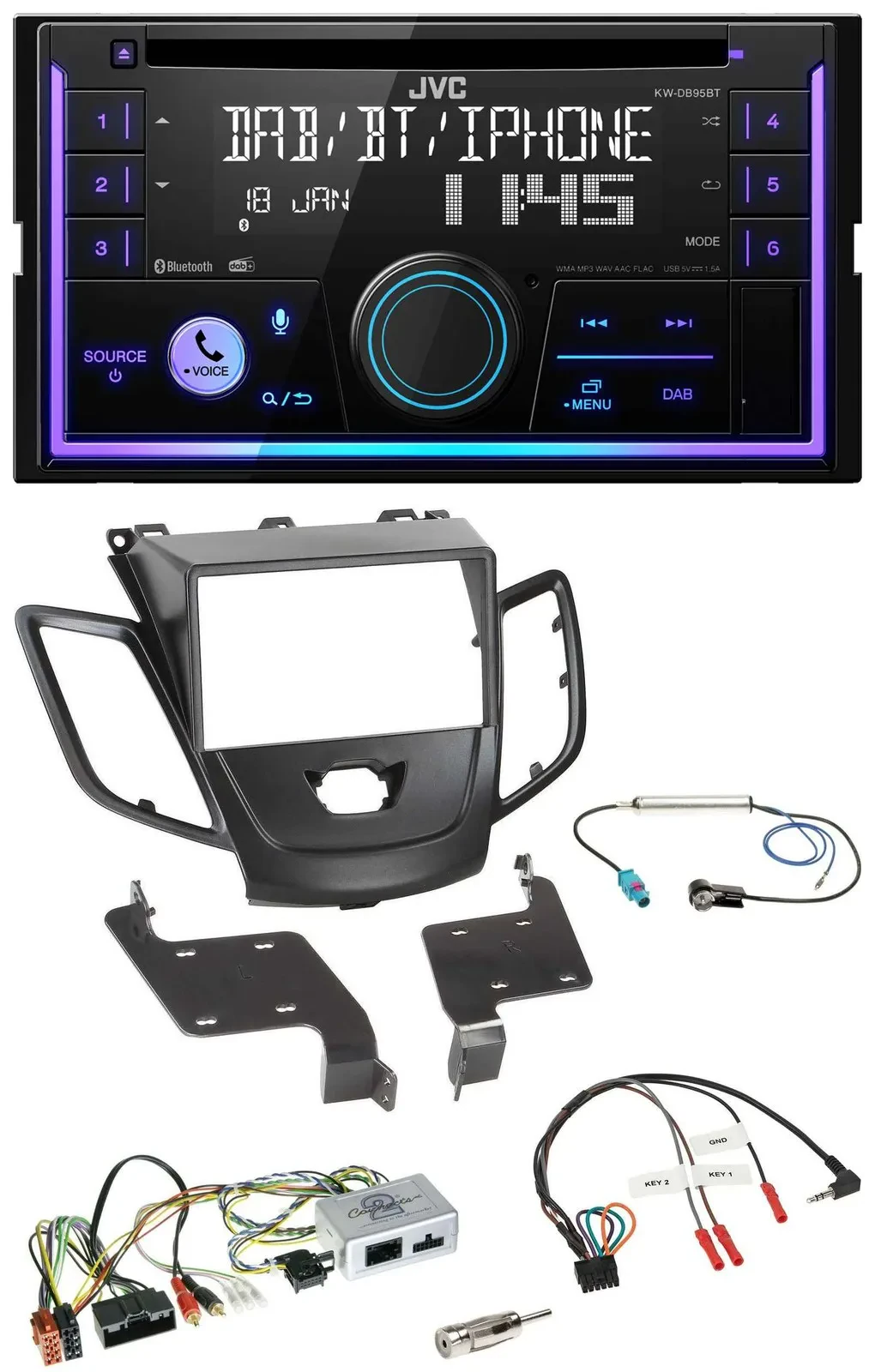 JVC Lenkrad USB 2DIN DAB Bluetooth CD Autoradio für Ford Fiesta 10-17 schwarz