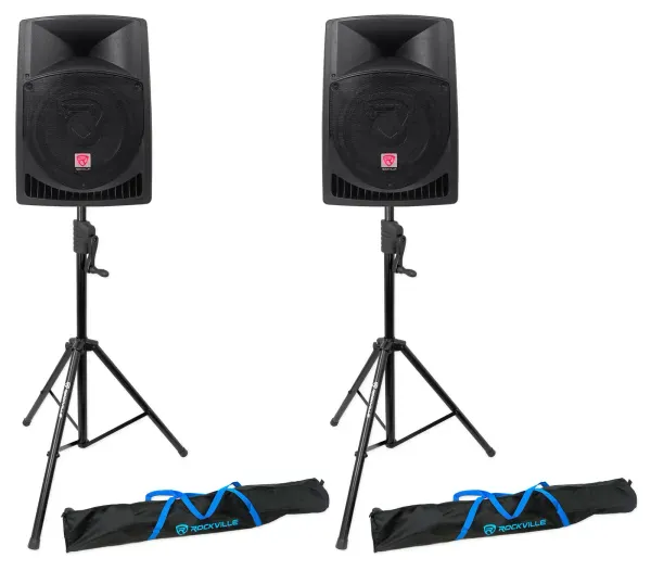 (2) Rockville RPG12 12" Powered 800 Watt DJ PA Speakers+Crank-Up Speaker Stands