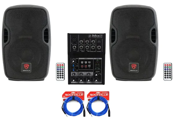 (2) Rockville BPA8 300 Watt 8" Powered Speakers+Mackie 5-Channel Mixer+Cables