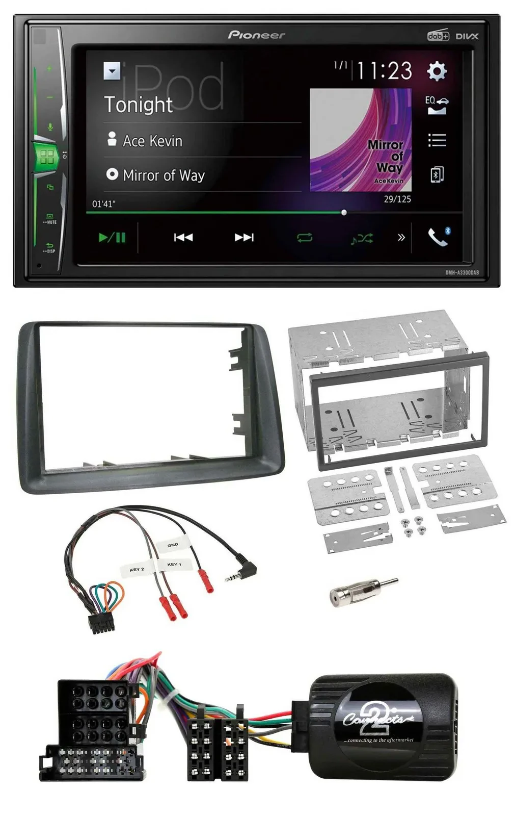 Pioneer 2DIN Lenkrad DAB USB Bluetooth Autoradio für Fiat Panda 2004-2007 grau