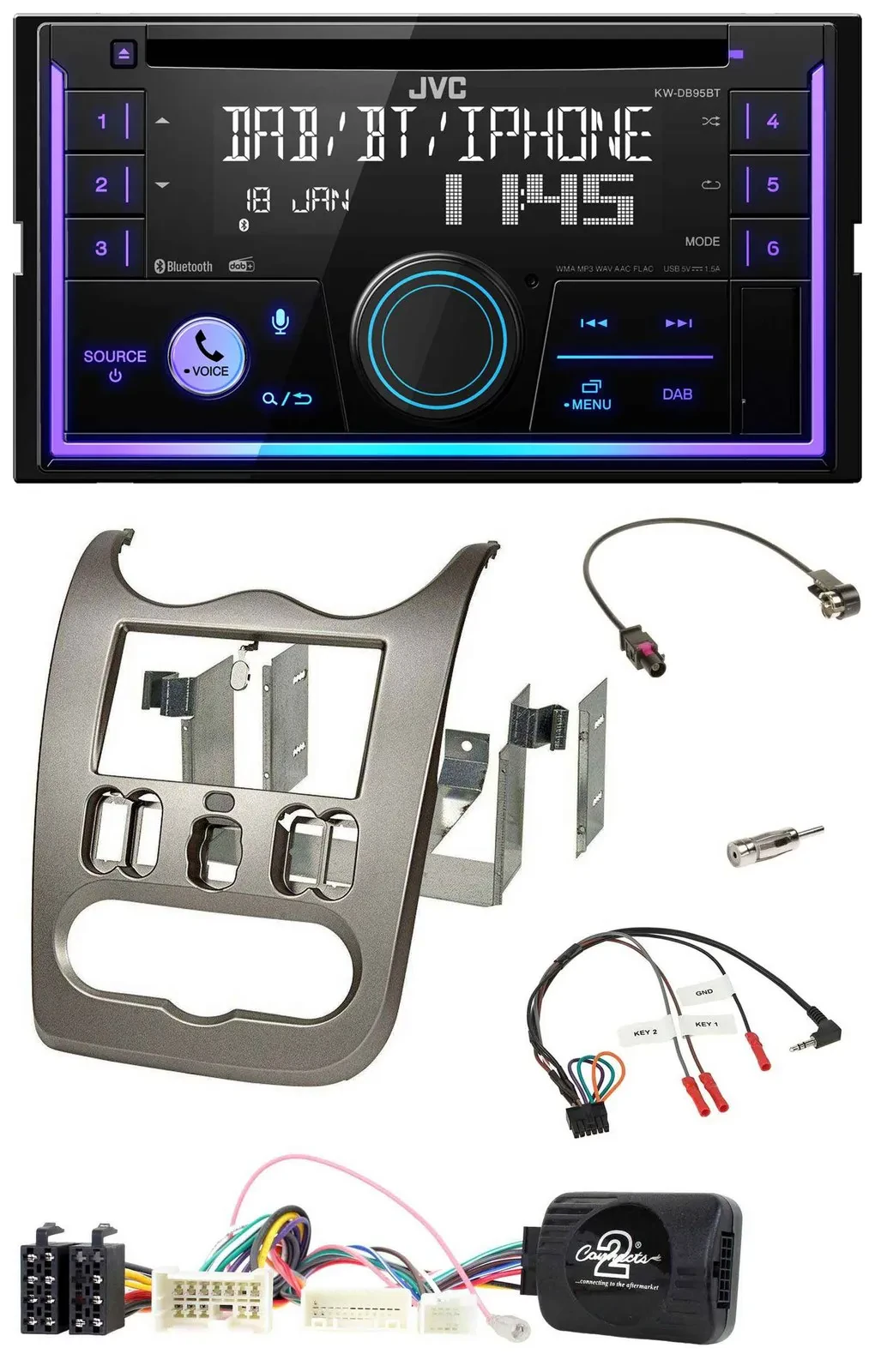 JVC Lenkrad USB 2DIN DAB Bluetooth CD Autoradio für Dacia ab 2012 dunkelsilber