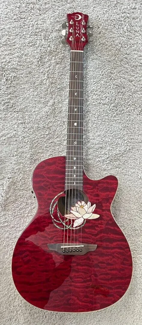 Luna FLO LOT QM Flora Lotus Quilt Maple Acoustic Electric Guitar, Trans Shiraz