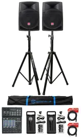 (2) Rockville RPG12 12" Powered 800w DJ PA Speakers+Stands+Mixer+Microphones