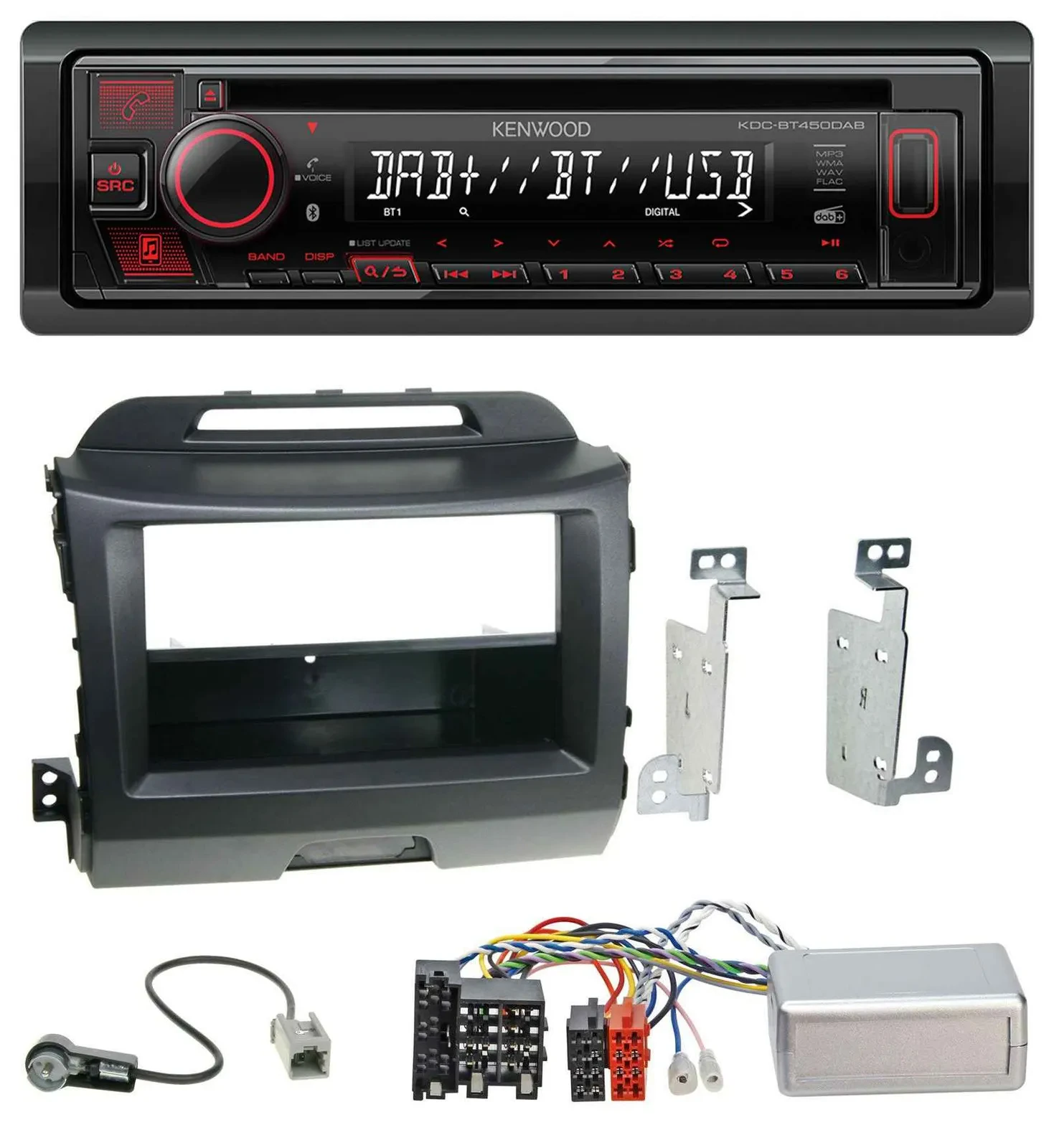 Автомагнитола Kenwood CD/USB/Bluetooth/DAB для Kia Sportage 3 (2010–2015), черный, с поддержкой кнопок на руле