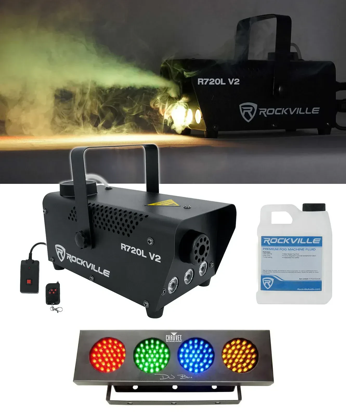 Генератор дыма Rockville R720L LED (набор) с пультом ДУ + DJ Bank RGBA LED Light