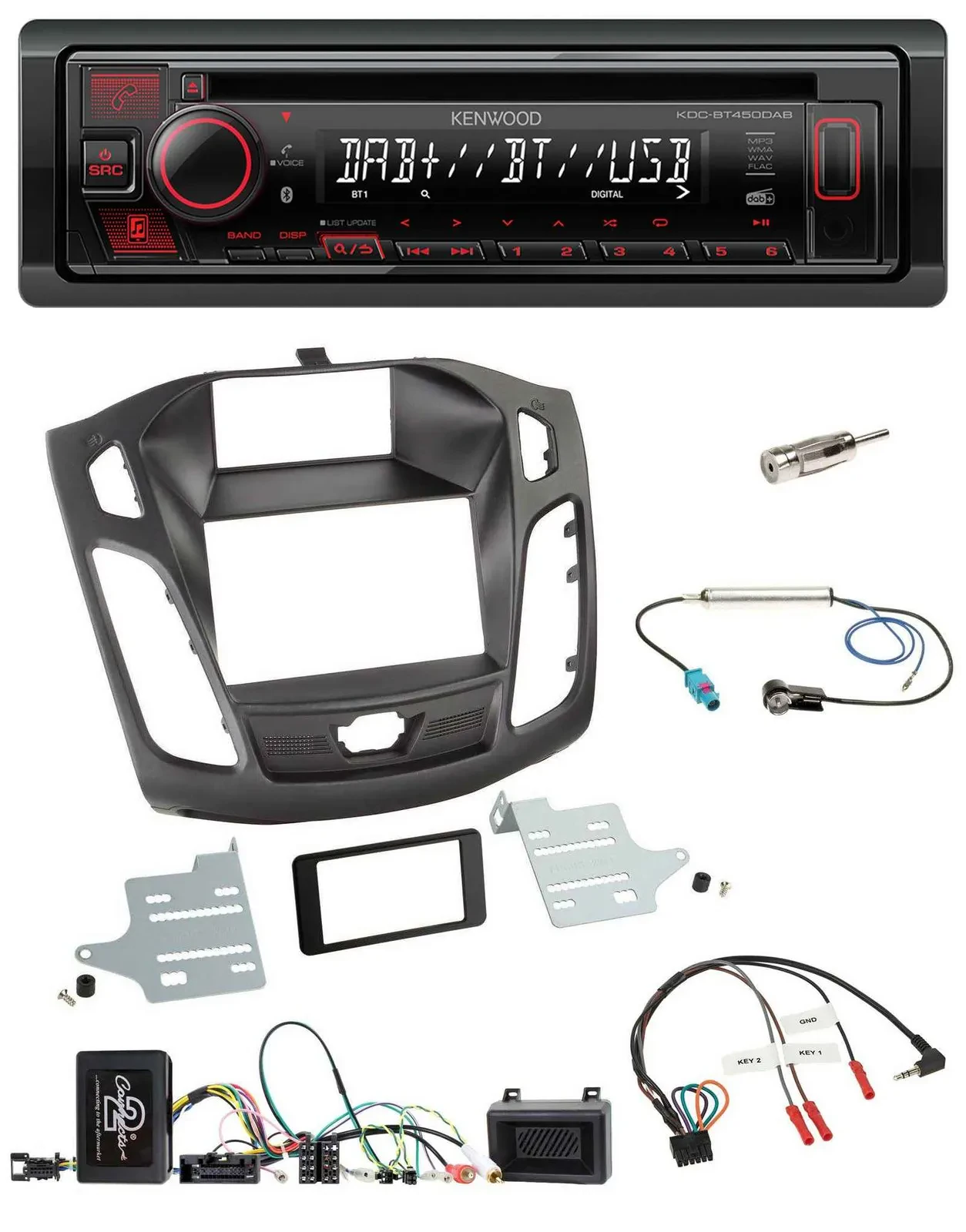 Автомагнитола для Ford Focus (DYB) 2011–2014 Kenwood CD, USB, Bluetooth, DAB, поддержка управления на руле