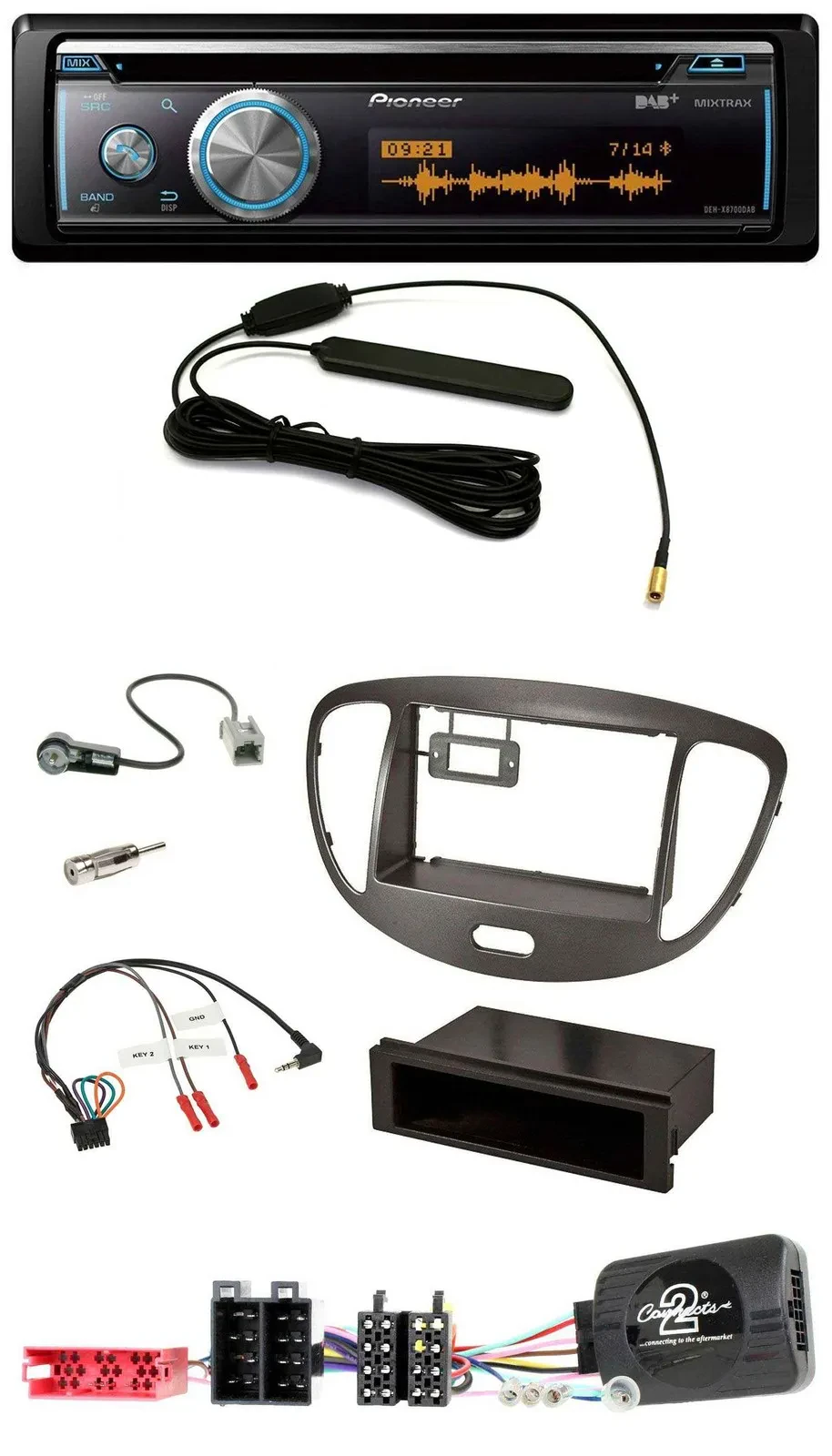 Автомагнитола Pioneer CD/USB/Bluetooth/DAB для Hyundai i10 (2009–2013), поддержка кнопок на руле, тёмный