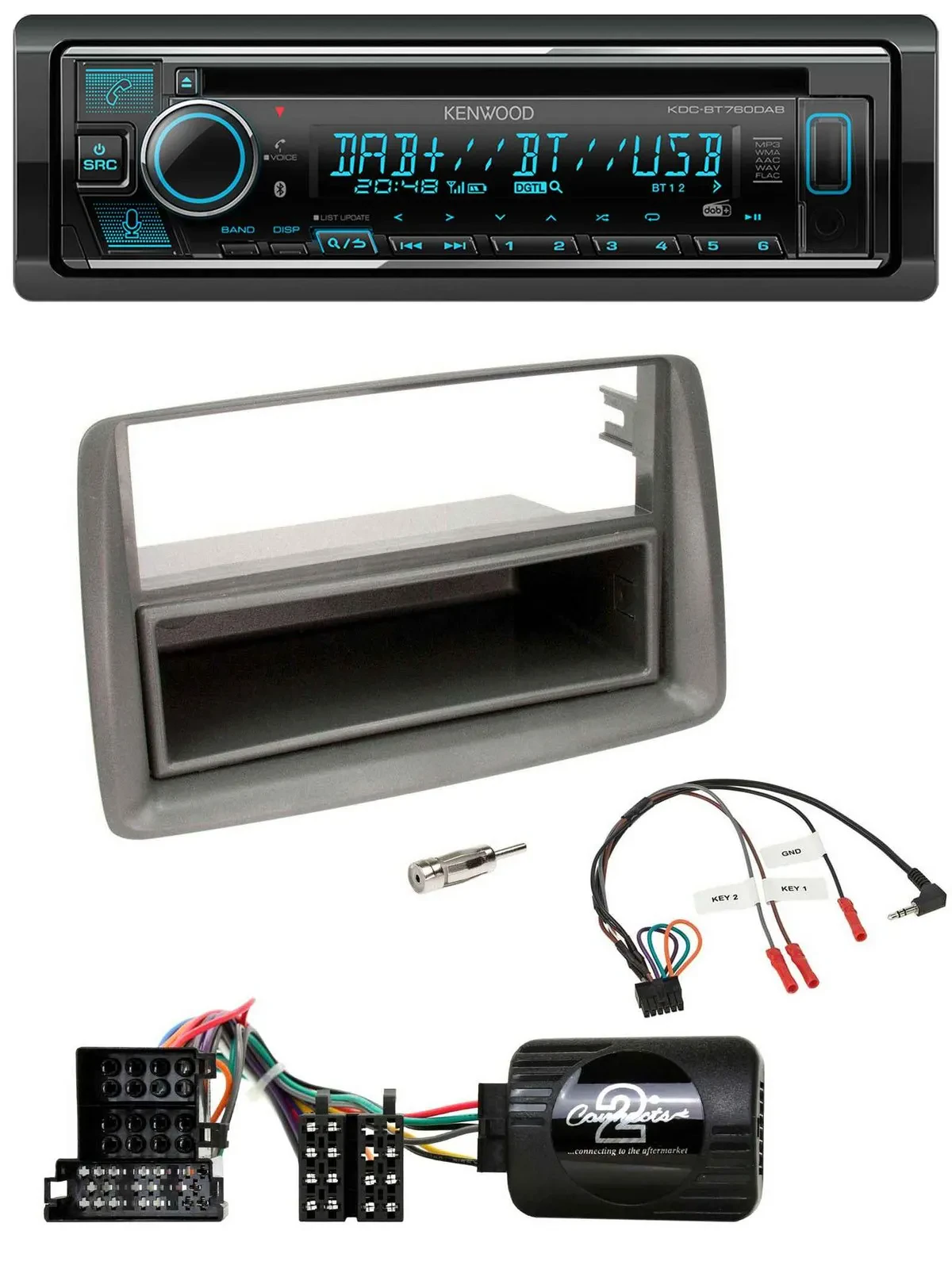 Автомагнитола Kenwood Bluetooth DAB USB CD для Fiat Panda 2004–2010 (169), серый