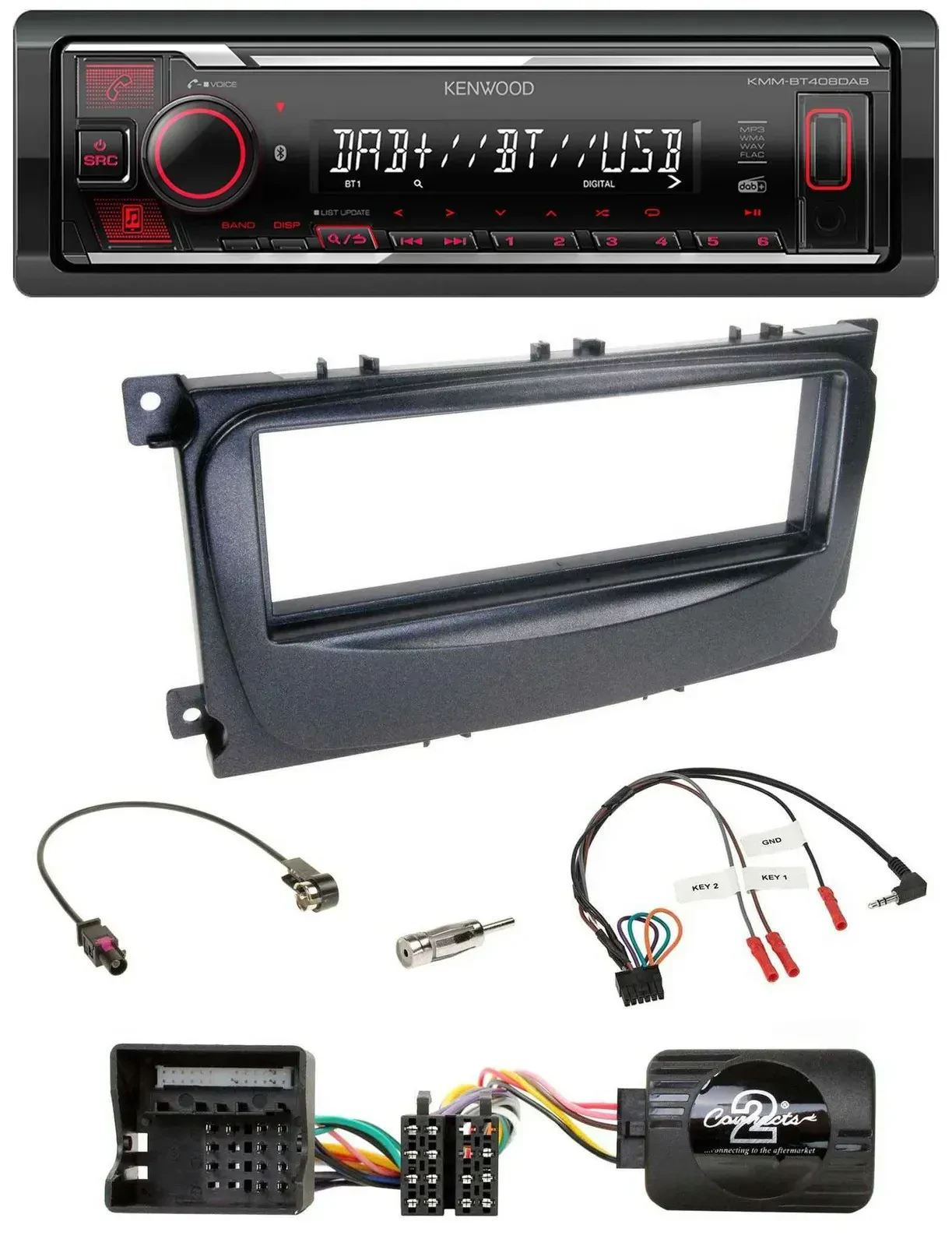 Автомагнитола Kenwood Bluetooth, USB, DAB, для Ford S-Max/Mondeo (2007–2014), черный, с поддержкой управления с руля