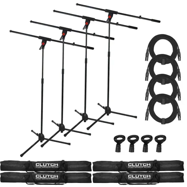 Pro Audio DJ Microphone Boom Stands with XLR Cables, Clips & Bags 4 Pack