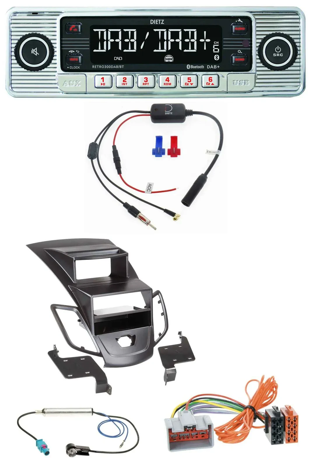 Dietz DAB USB MP3 Bluetooth Autoradio für Ford Fiesta 08-10 Display schwarz