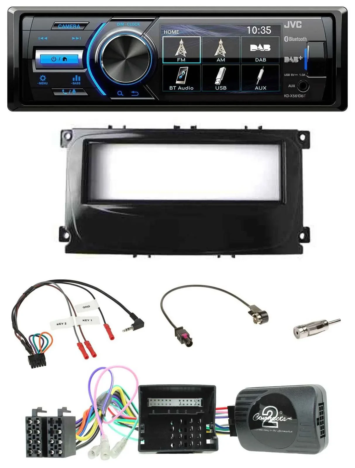 Автомагнитола JVC Bluetooth, USB, DAB, поддержка кнопок на руле, CAN для Ford Galaxy/Focus/C-Max (с 2007)