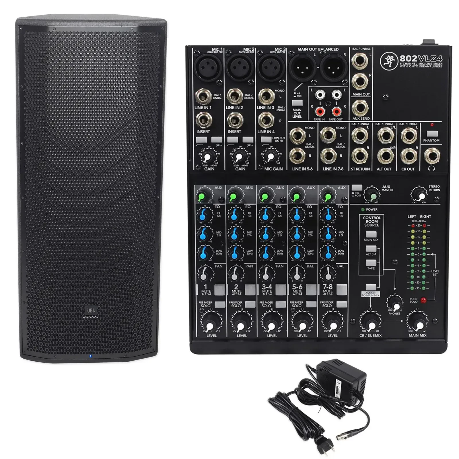 JBL Pro PRX825W Dual 15” 1500 Watt Powered Active Speaker+Mackie 8-Channel Mixer