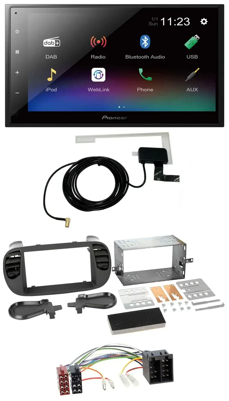 Автомагнитола Pioneer 2DIN, DAB, MP3, Bluetooth, USB, для Fiat 500 до 2012, черная soft-touch