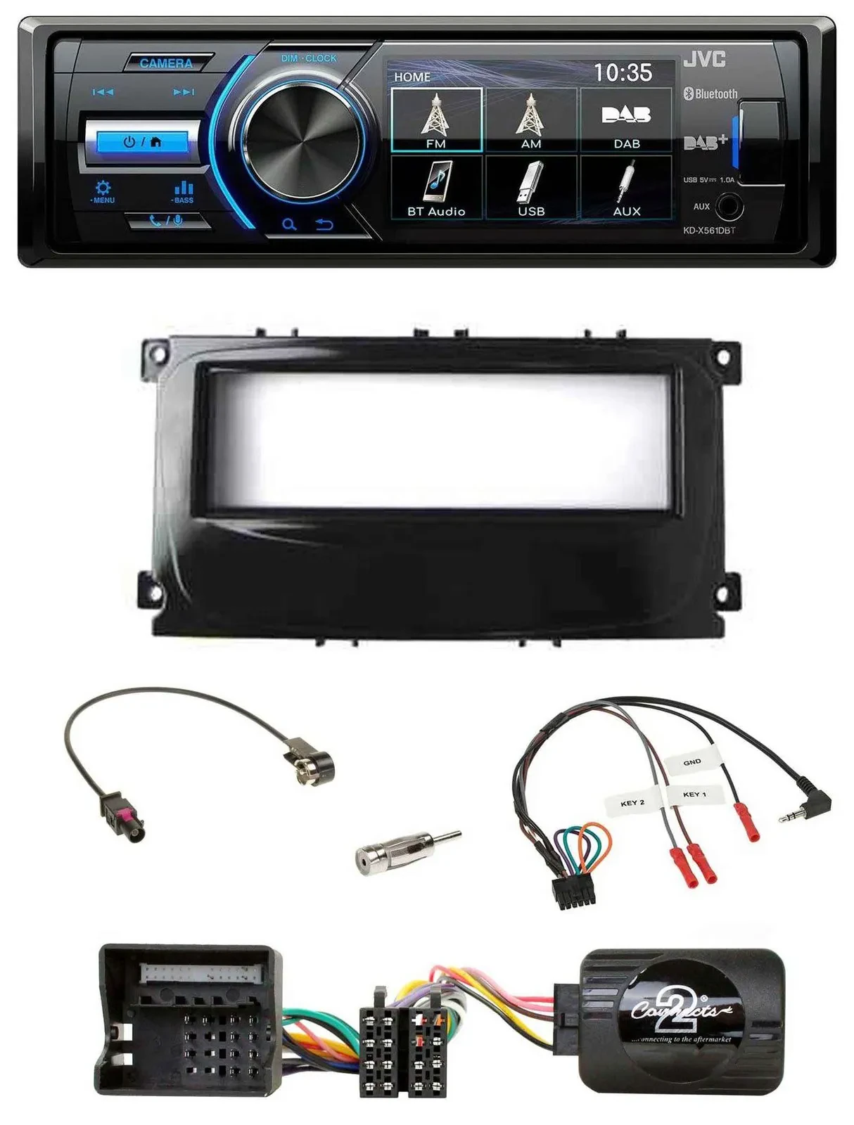Автомагнитола для Ford Mondeo 2007–2014 и S-Max JVC Bluetooth, USB, DAB, поддержка кнопок на руле, черный глянец (piano black)