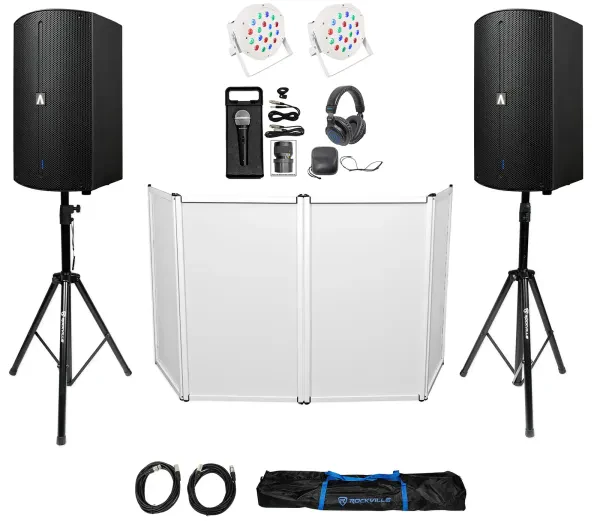 DJ Package w/Avante Audio A15X 15" Speakers+Stands+Mic+Headphones+Facade+Lights