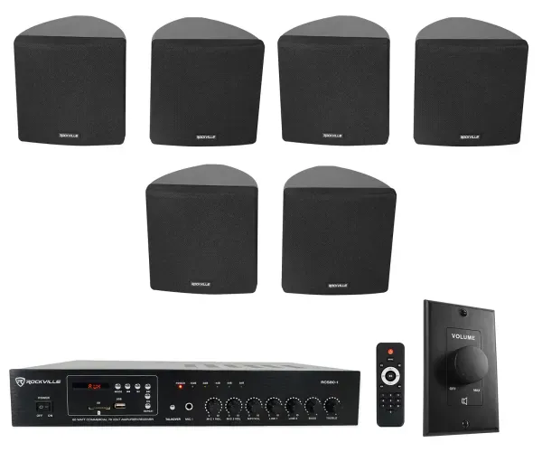 Rockville Commercial Restaurant Amp+(6) Black 3.5" Cube Speakers+Wall Controller