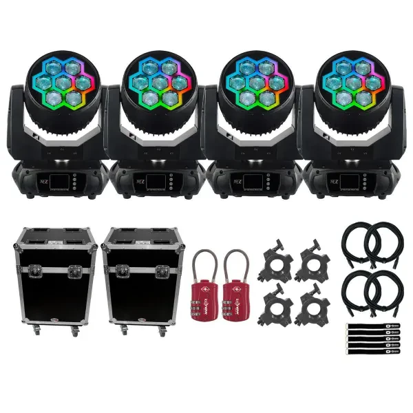 JMAZ Lighting PIXL TRON 740Z Effect Ring Moving Head Lights 4 Pack w Road Cases