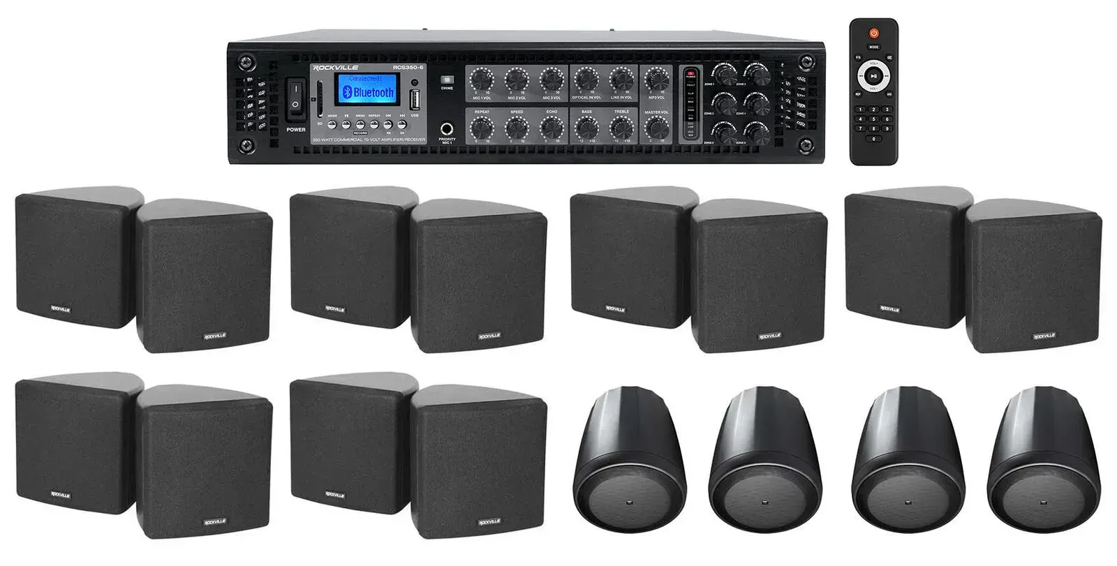 Трансляционный усилитель Rockville RCS350-6+6 Cube 70v Bl+2 Control 65 P/T с комплектом акустики