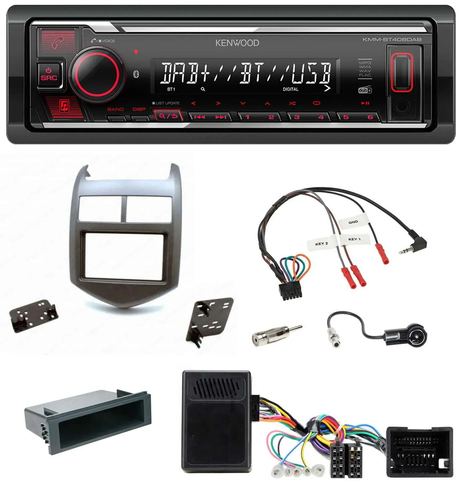 Kenwood Lenkrad Bluetooth USB DAB Autoradio für Chevrolet Aveo ab 11 dunkelgraum