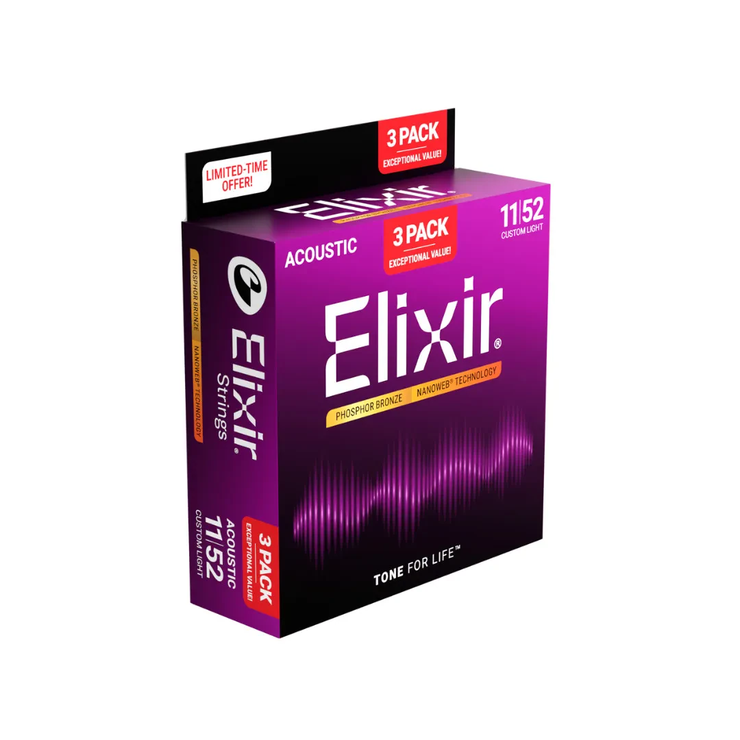 Elixir 3-Pack Phosphor Bronze Nanoweb Acoustic Strings - 11/52 Custom Light