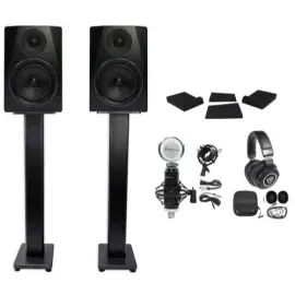 2) Rockville APM6B 6.5" 350w Powered Studio Monitors+Stands+Pads+Headphones+Mic