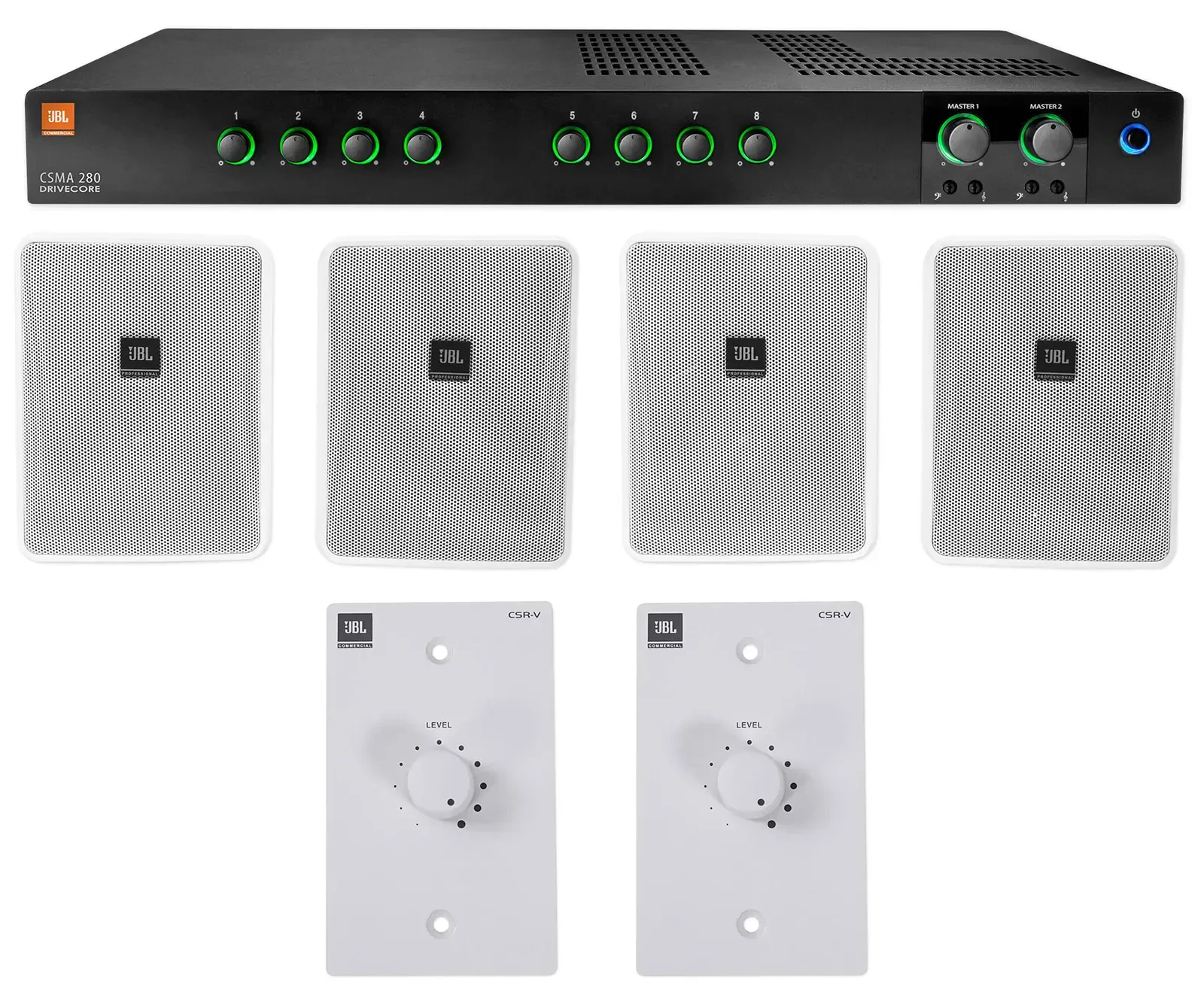 JBL CSMA280 Commercial Amplifier+(4) 6.5" White Wall Speakers+(2) Wall Controls