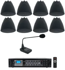 Rockville Commercial Amp+8) Black 5.25" Pendant Speakers+Paging Mic For Bar/Cafe