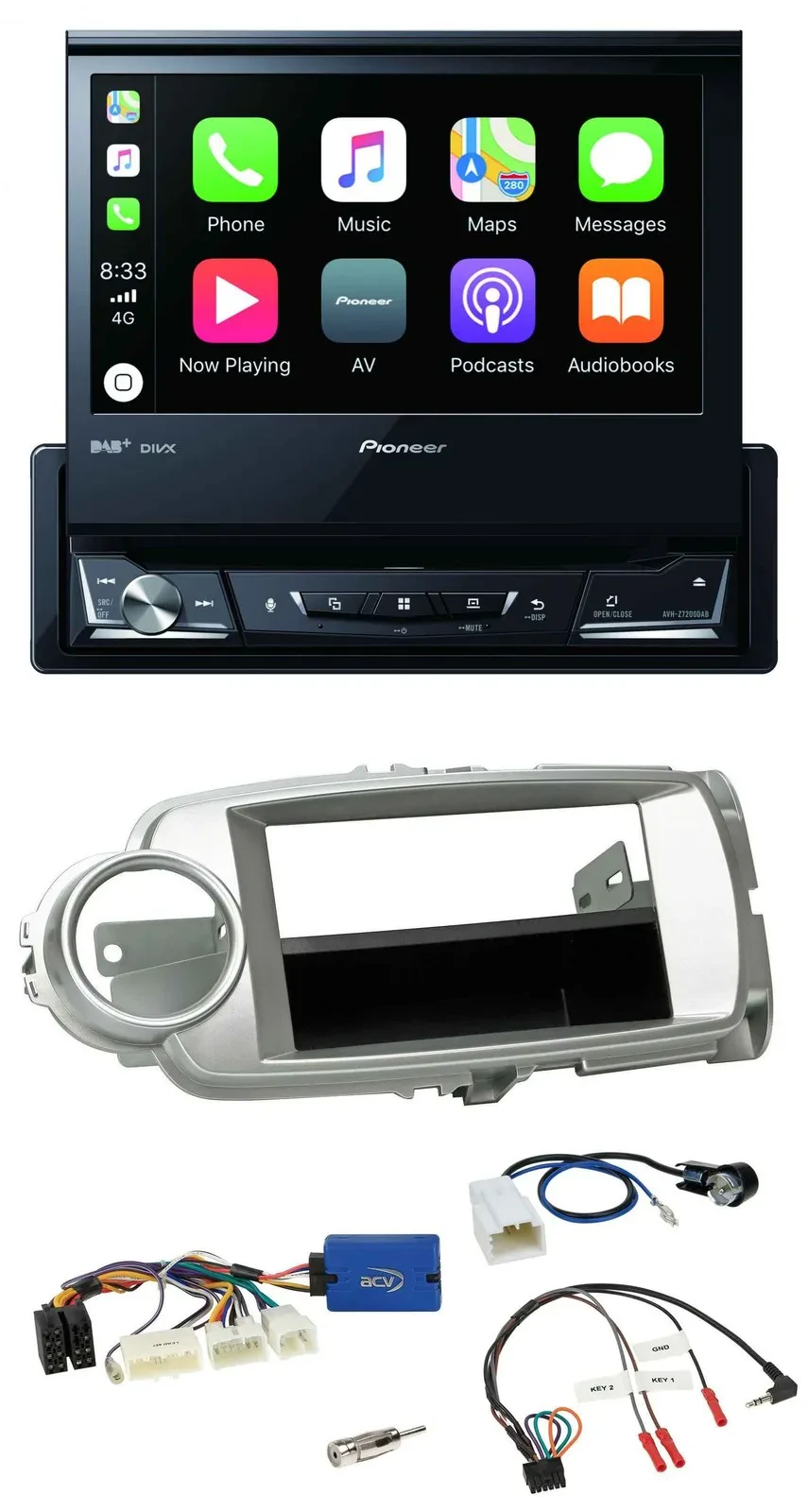 Автомагнитола для Toyota Yaris 2011–2014 Pioneer DVD, Bluetooth, DAB, USB, серебристая