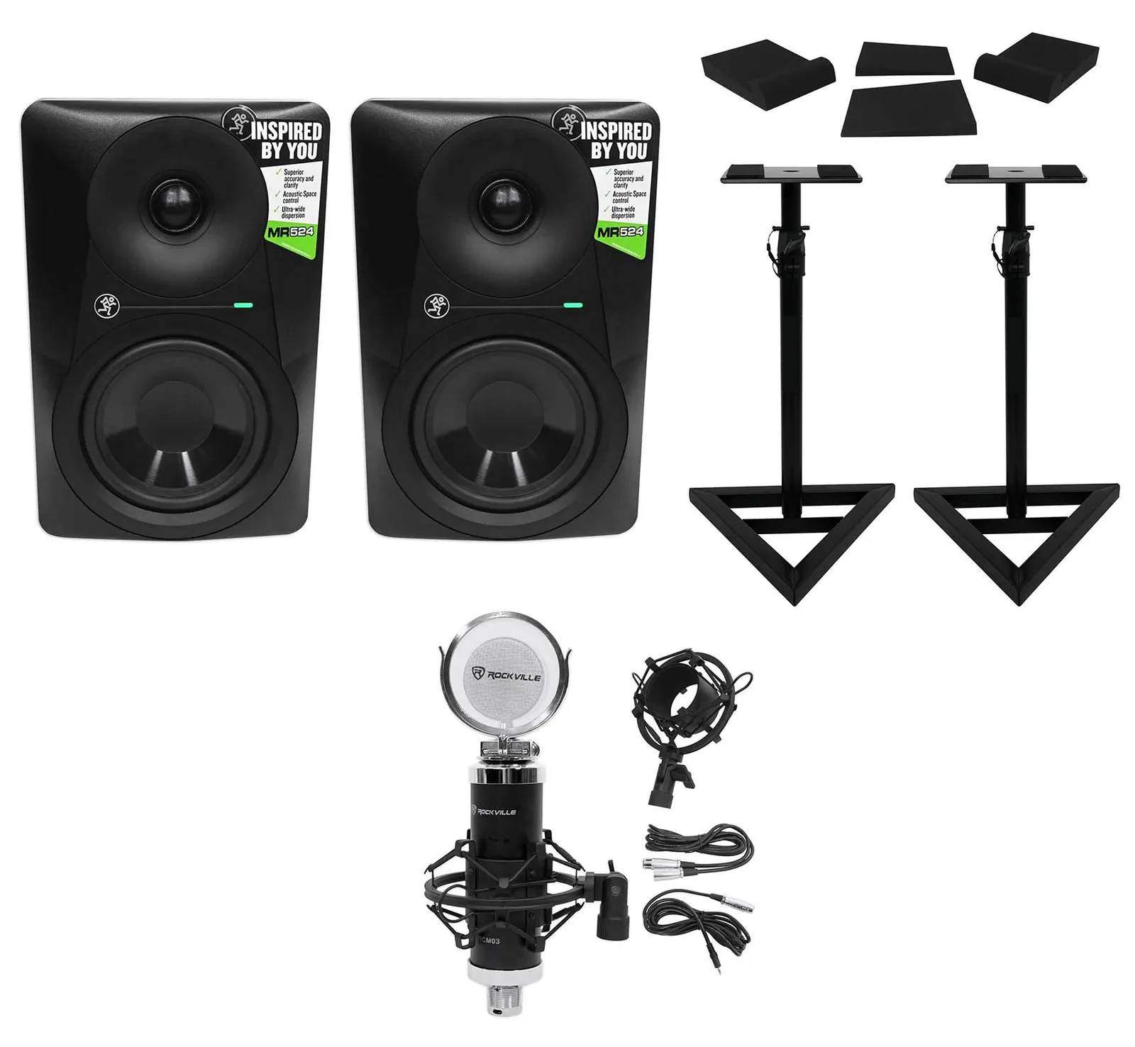 (2) Mackie MR524 5” 50 Watt Powered Studio Monitors+Condenser Mic+Stands+Pads