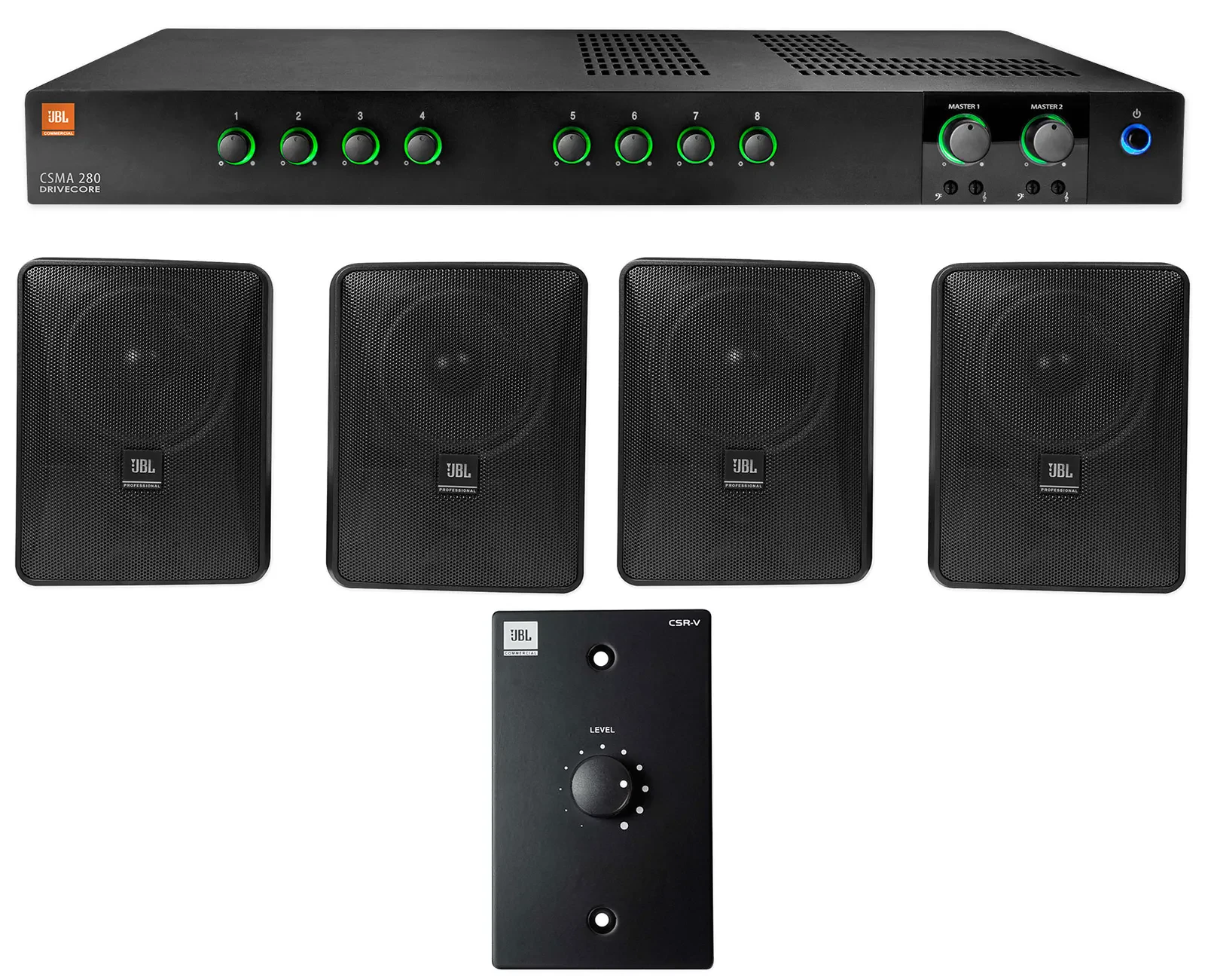 JBL CSMA280 Commercial Amplifier+(4) 6.5" Black Wall Speakers+Wall Controller